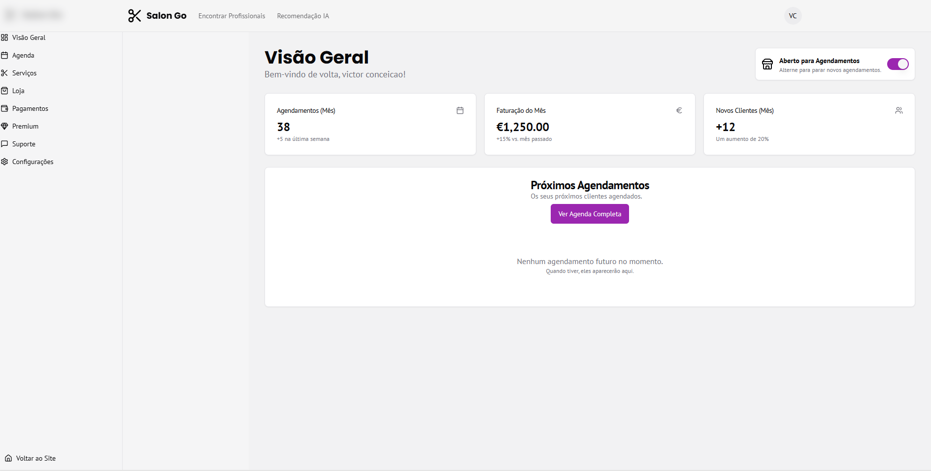 Dashboard da plataforma